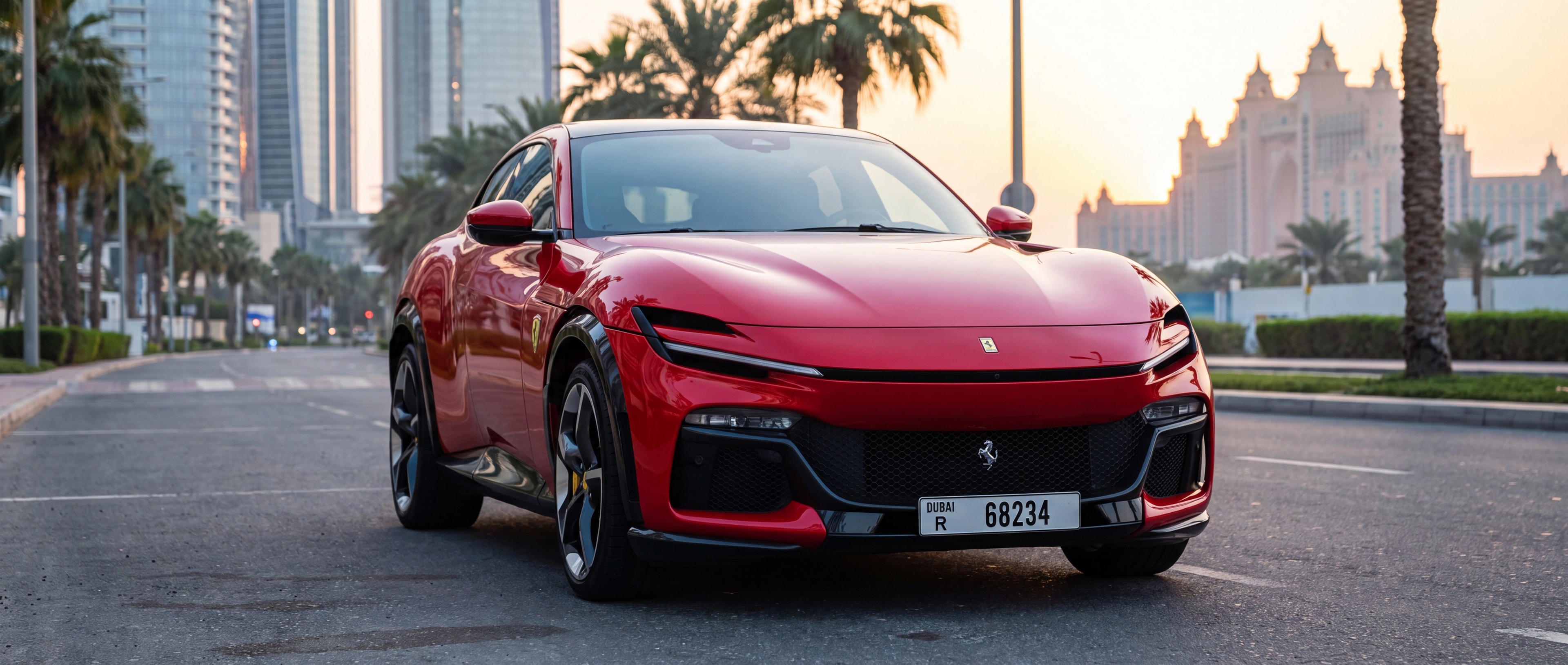 Ferrari Purosangue, 3/4 front, Palm Jumeirah golden hour