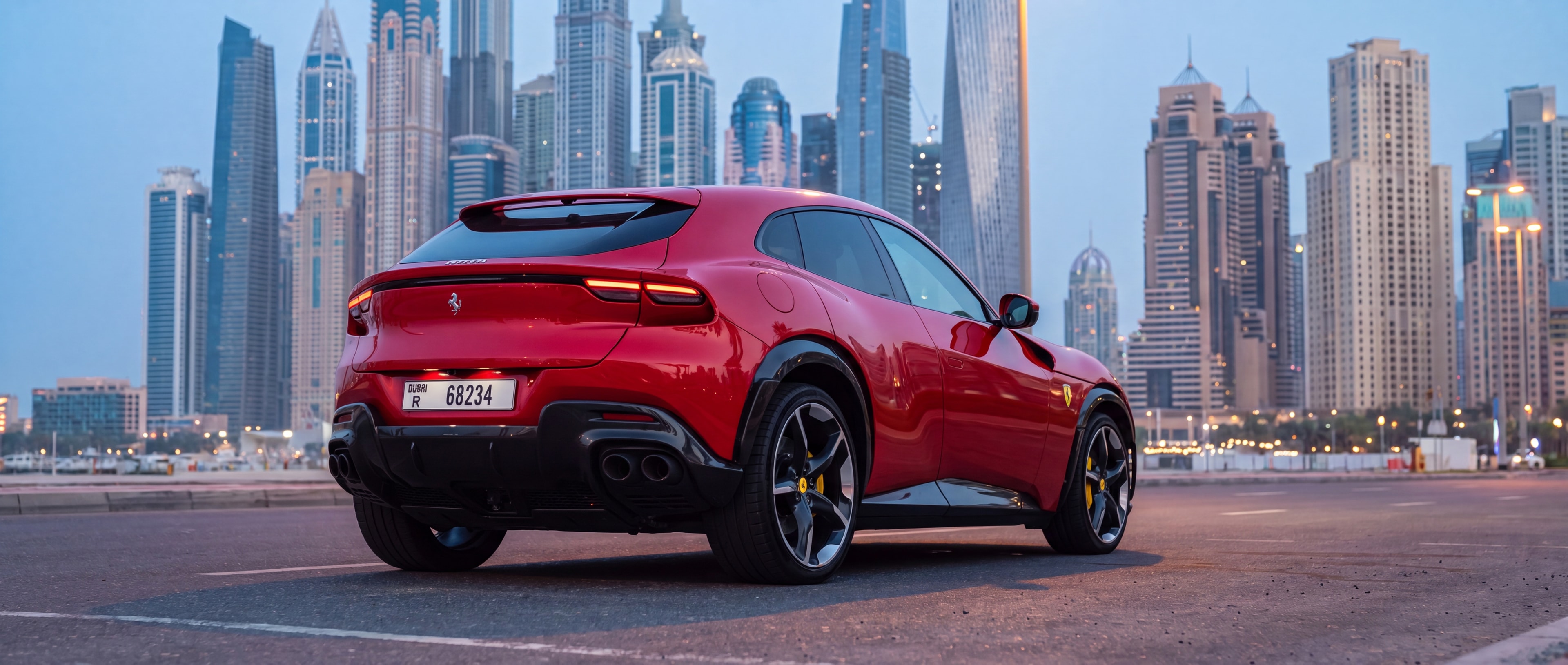 Ferrari Purosangue, rear 3/4, Sheikh Zayed Road blue hour