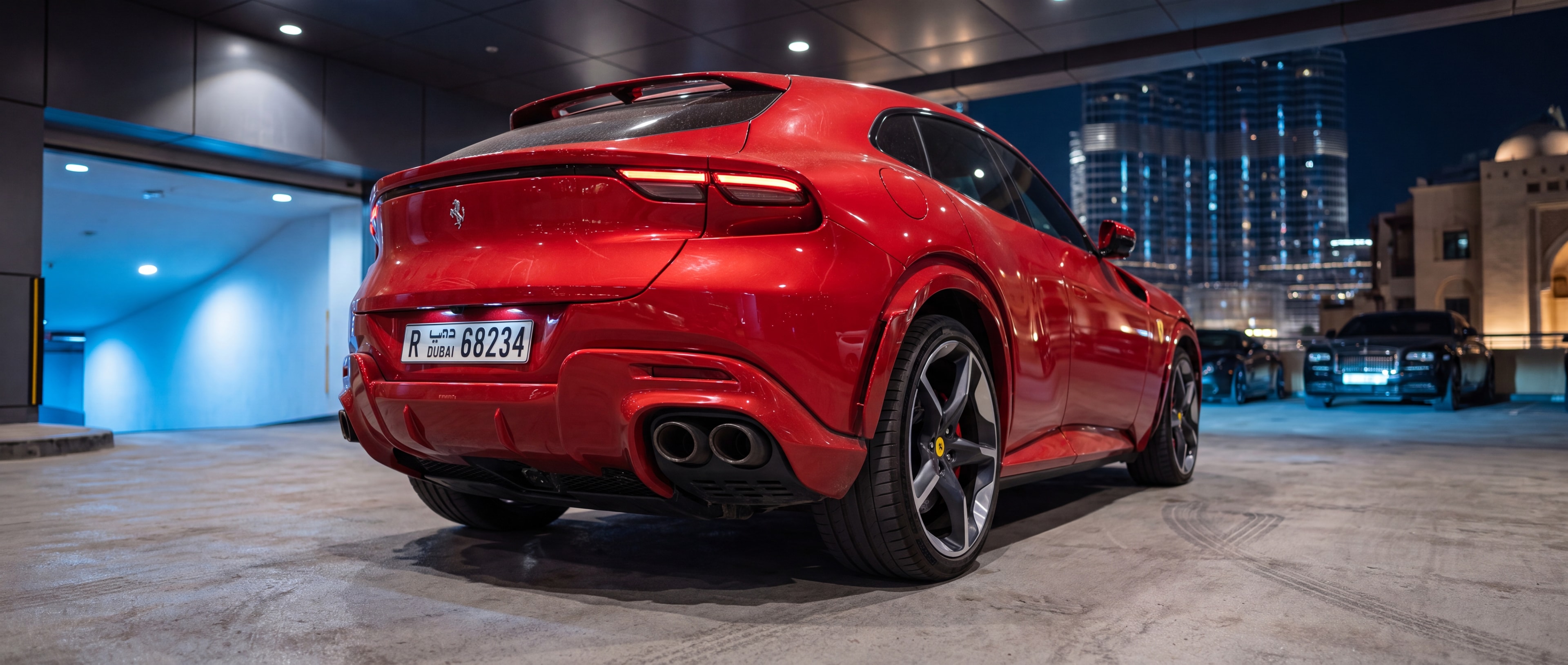 Ferrari Purosangue, rear 3/4, Sheikh Zayed Road blue hour