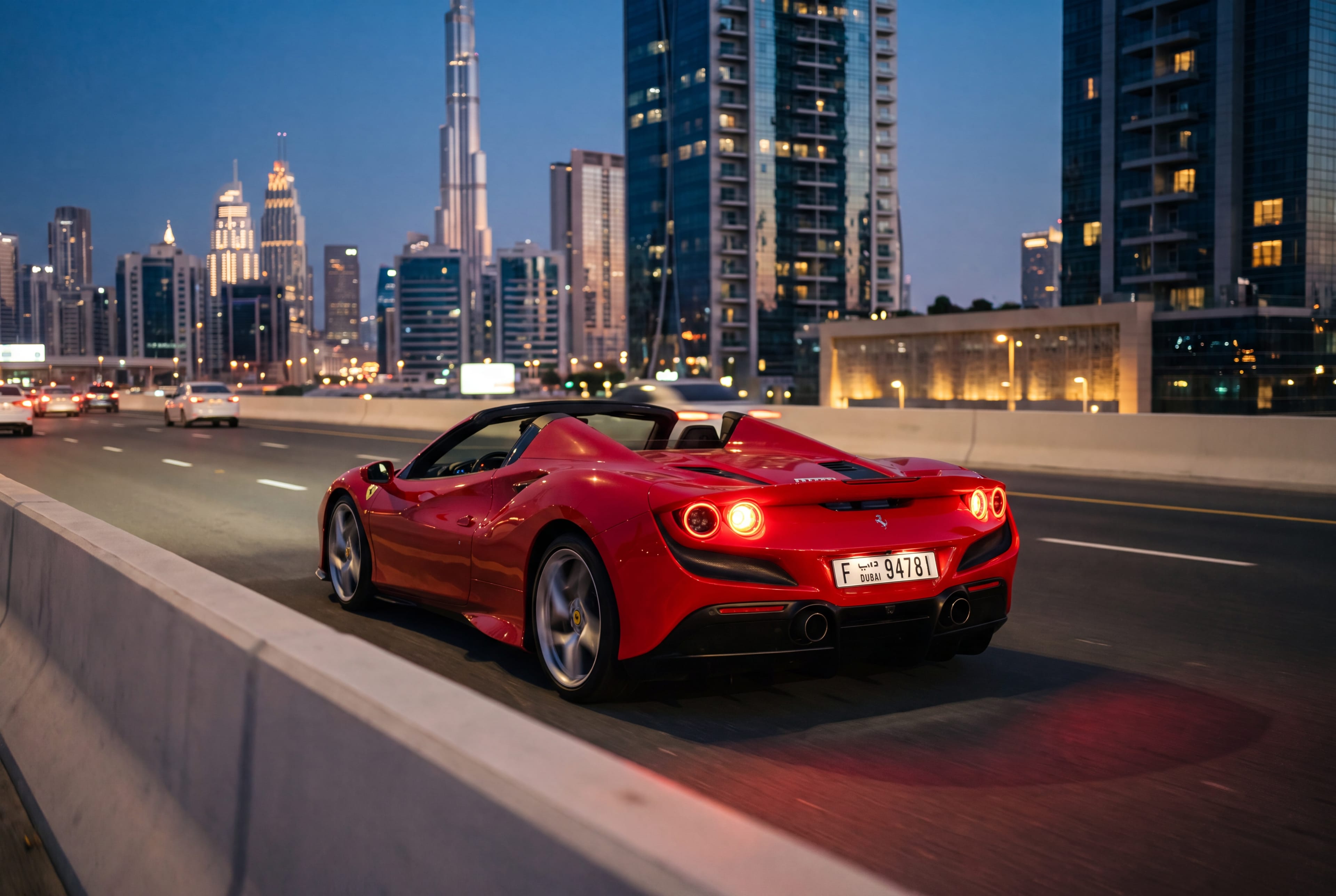 Ferrari F8 Tributo Spyder driving through Dubai at dusk, city skyline behind